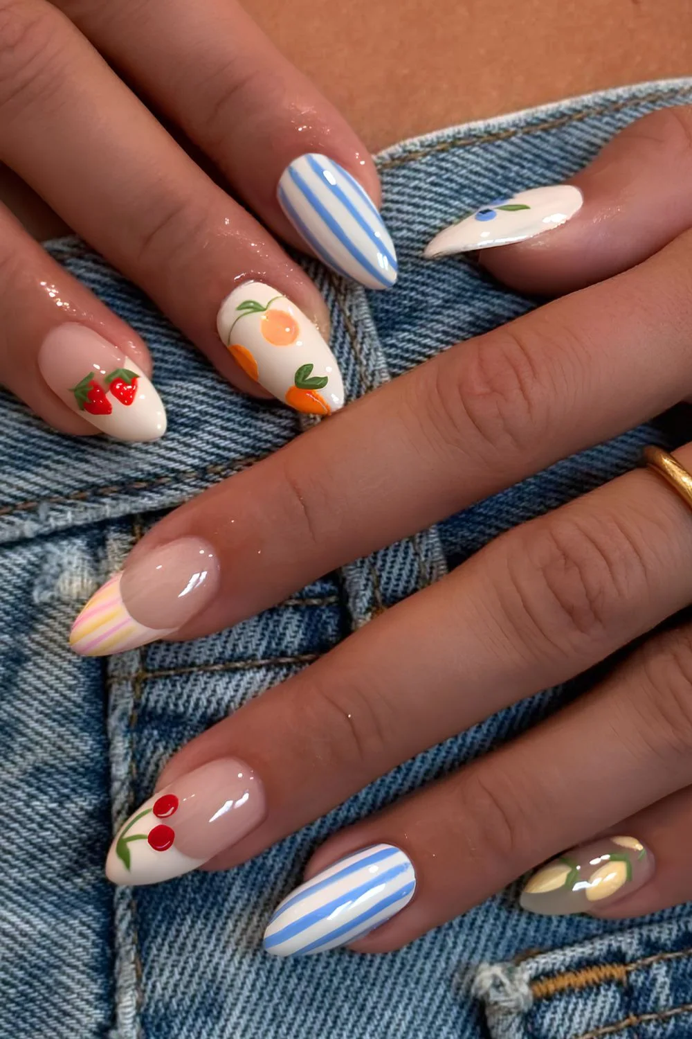 Striped Nails Are the Summer 2026 Trend You Can’t Skip | Almond nails french tip fruit design, French nails with fruit,