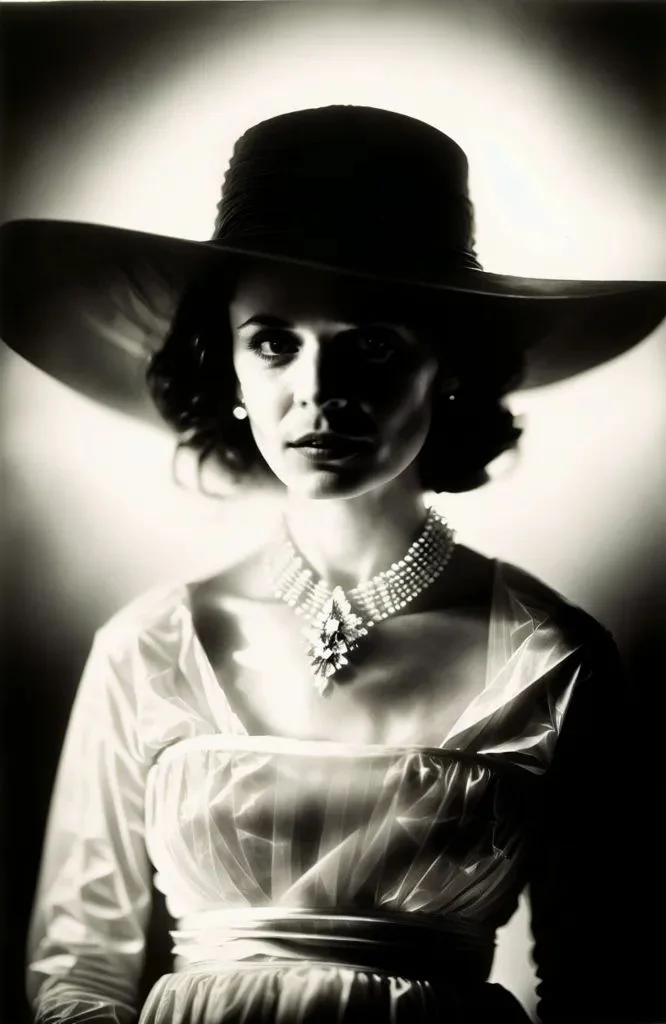 Powerful woman in wide-brimmed hat exudes confidence in studio portrait. | Kodak portra, Dramatic lighting, Black and wh