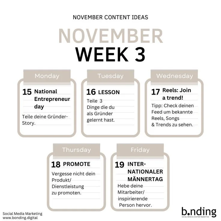 CONTENT PLAN for NOVEMBER 2024 - 4 Weeks of Inspiring Social Media Content Ideas! | Soziales medienmarketing, Inspiriere