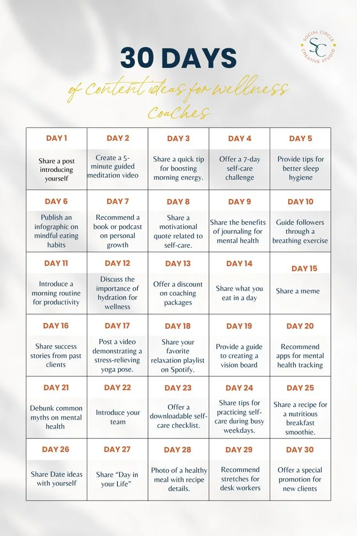30 Days Content Plan for Wellness Coaches | 30 day content challenge, Fitness content calendar, Wellness content ideas