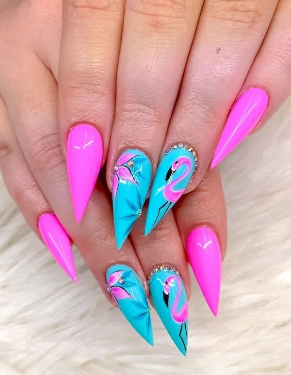 Flamingo pink and blue bright summer stiletto nails. | Bright summer nails designs, Summer holiday nails, Summer nails i