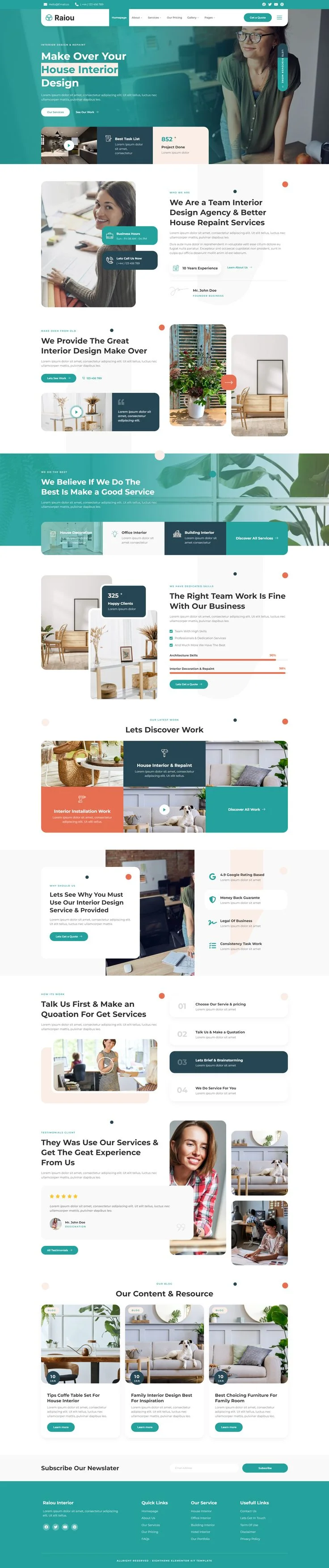 Raiou - Home Interior Design Elementor Template Kit | Home service website design, Home rental website design, Home remo