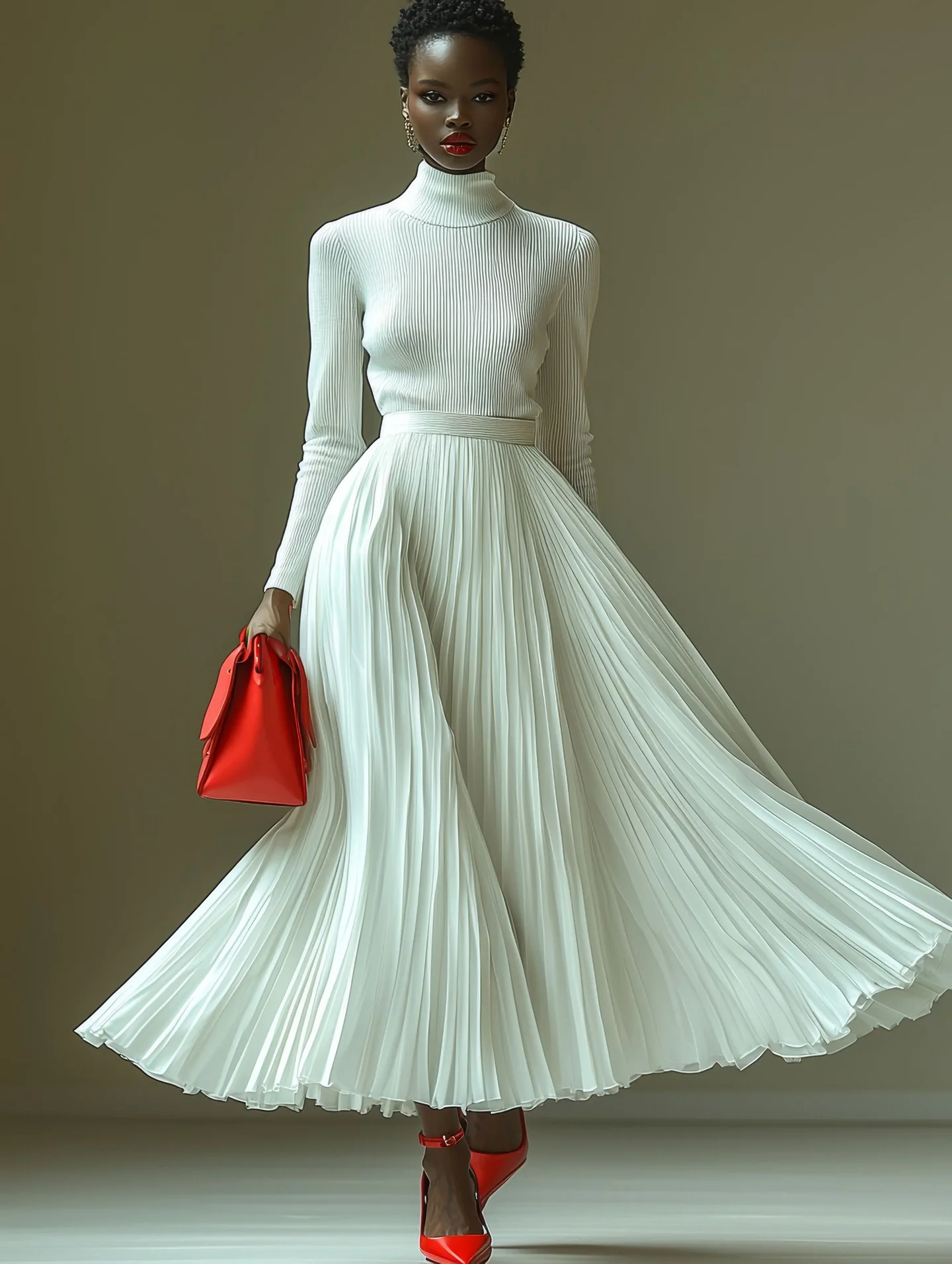 Woman in stylish white attire with accent red accessories in studio portrait | White long pleated skirt with red accesso